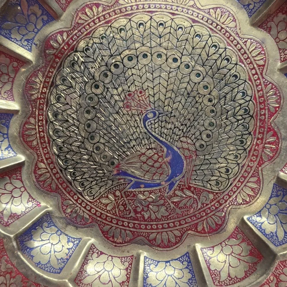 Vintage Engraved Peacock Brass Red Blue Enamel Wall Hanging Traditional Plate